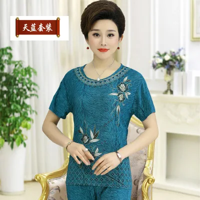 Sky blue green Летний модный костюм для женщин среднего возраста, свободные топы с короткими рукавами+ укороченные штаны, большой размер для мамы, комплект из 2 предметов, комплекты одежды для девушек - Цвет: Sky blue green