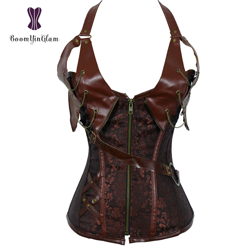 Женский Готический корсет 908 # Коричневый из искусственной кожи с молнией спереди