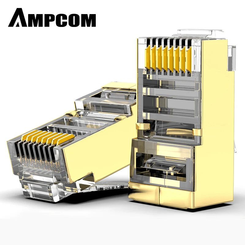 AMPCOM CAT6 экранированный 50U RJ45 модульный разъем 8P8C обжимной Конец Ethernet кабель соединитель пакет 100 с золотым