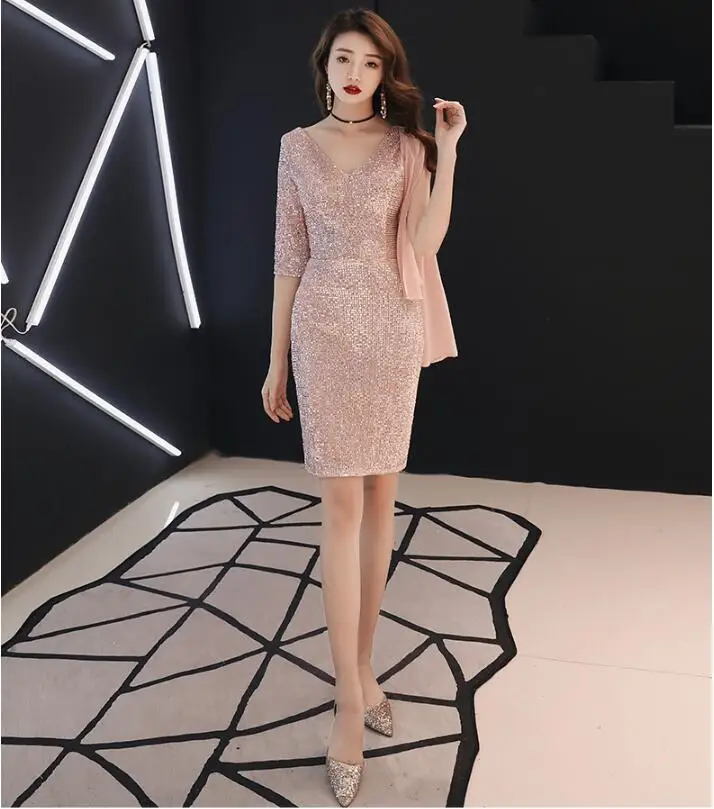 Новый стиль розовые блестки уникальное платье с одним рукавом женское на день