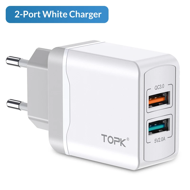 2 Port 3A White TOPK 18 Вт Быстрая зарядка 3,0 быстрое USB зарядное устройство для iPhone, Samsung, Xiaomi, huawei, дорожное настенное зарядное устройство для мобильного телефона с европейской вилкой - Тип штекера: 2 Port 3A White