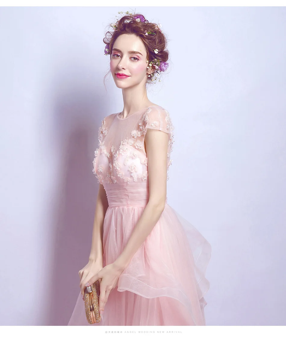 Женское вечернее платье со шлейфом розовое элегантное Прозрачное с рукавами