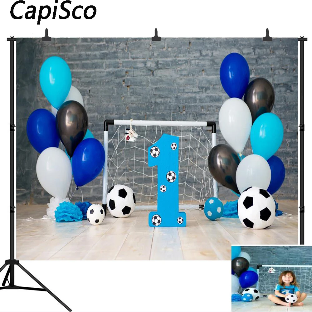 

Каписко первый день рождения вечерние воздушные шары футбол кирпичная стена фотография фон на заказ фотографические фоны для фотостудии