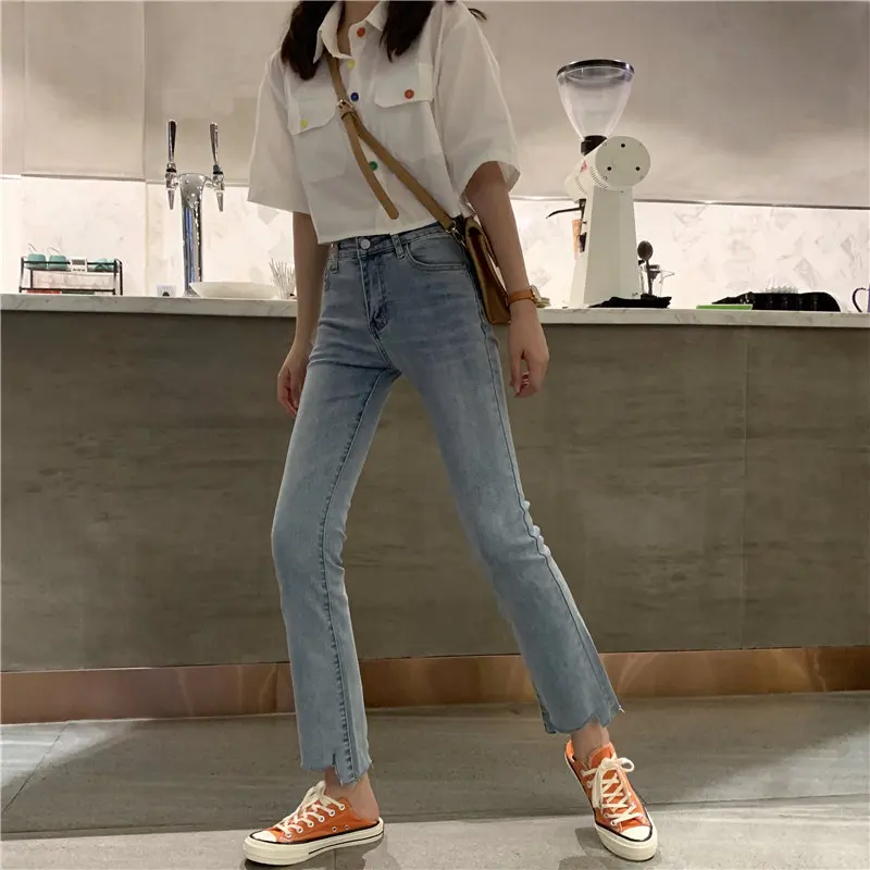

HziriP Hot Irregular Vintage Casual Loose Jeans High Waist Boot Cuts All Match 2019 Autumn Women Female Denim Flare Pants