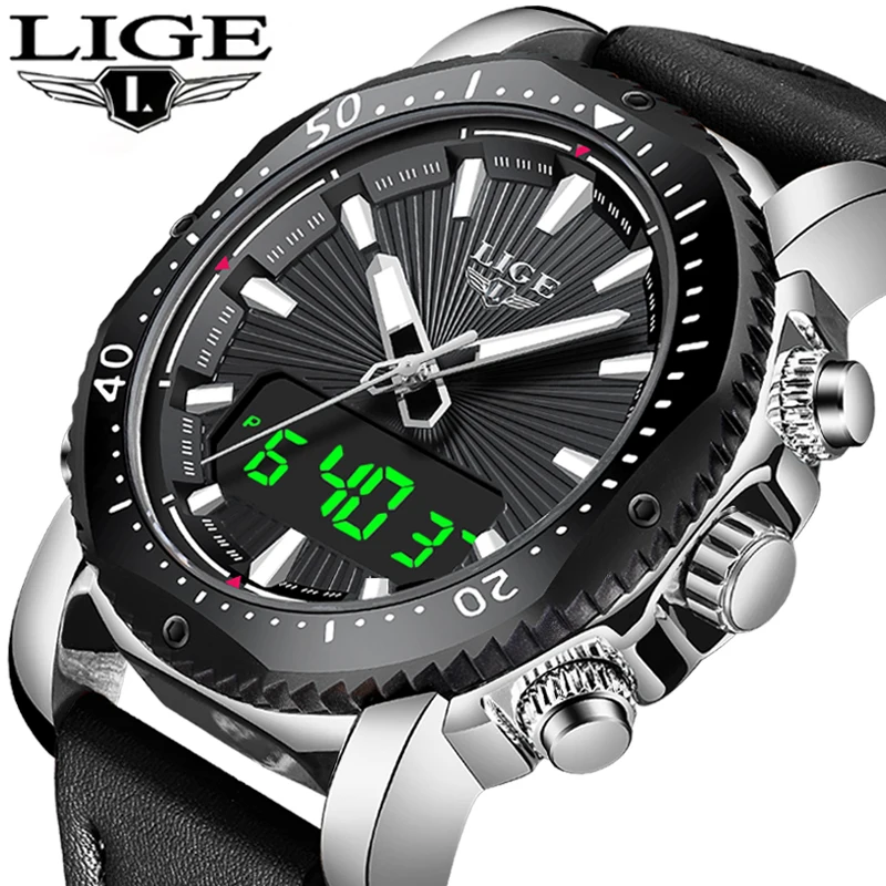 Mens Watches To Luxury Brand Men Leather Sports LIGW Men's Quartz LED Digital Clock Waterproof Military Wrist Watch+BOX | Наручные