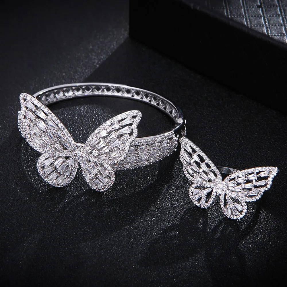 

Fashion Korean Butterfly Bangle Rings For Women Wedding Cubic Zirconia Bohemian Dubai Bridal Jewelry set S0727