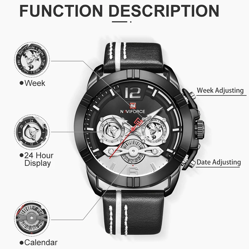 NAVIFORCE мужские часы Лидирующий бренд Модные кожаные водонепроницаемые кварцевые