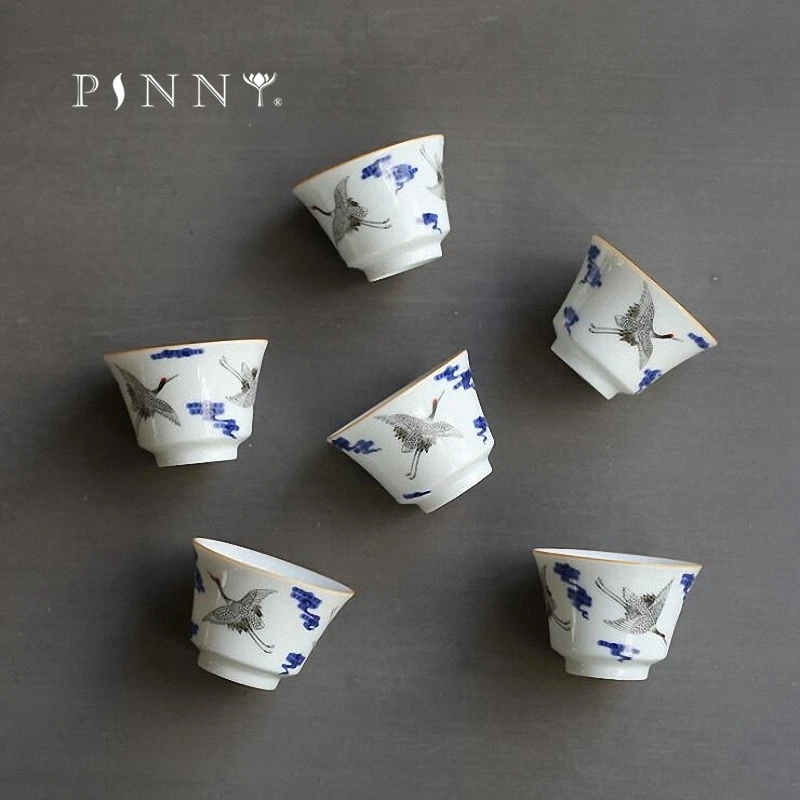 Сине-белые фарфоровые чайные чашки PINNY керамические с резьбой и журавлем