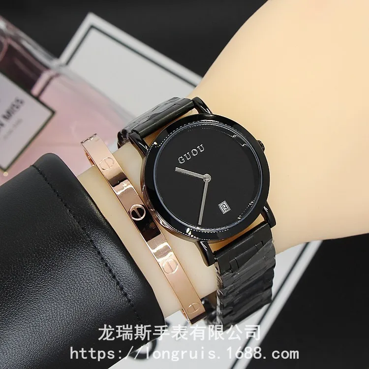 Модные Роскошные Кварцевые часы ведущей марки Guou полностью из нержавеющей стали