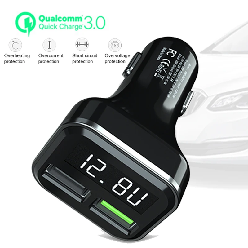 Автомобильное зарядное устройство QC3.0 3.1A с двумя usb портами 2 порта ЖК дисплей 12 24