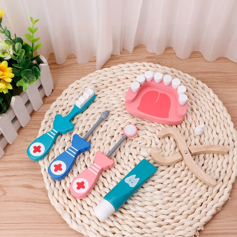 

6Pcs Baby Toys Doctor Set Play Wooden Dental Tools Simulation Medicine Box