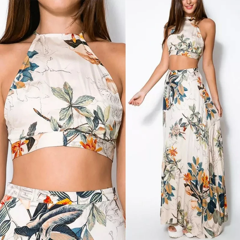 Женское длинное платье без рукавов летнее пляжное с круглым вырезом открытой