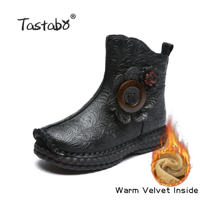 Black Tastabo/зимние ботинки; ботильоны из натуральной кожи; Новинка года; дизайнерские мягкие удобные женские ботинки на плоской подошве с круглым носком; цвет коричневый, черный - Цвет: Black