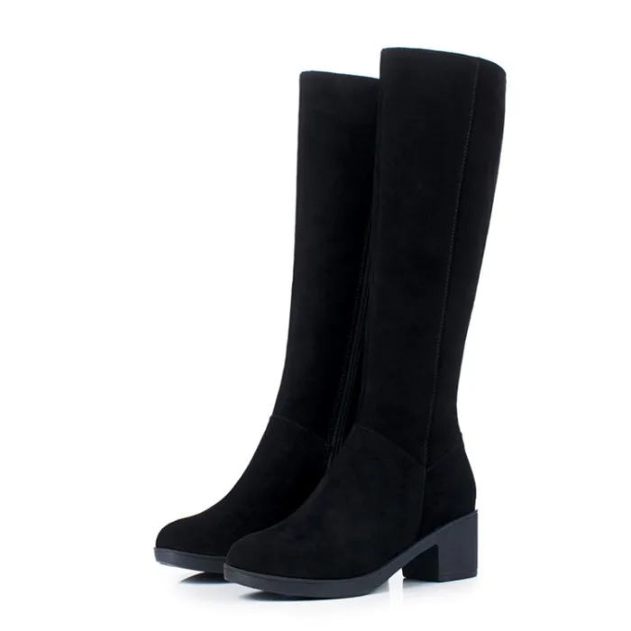 Black Synthetic Lini Meotina/женские сапоги до колена; зимние высокие сапоги из коровьей замши на высоком квадратном каблуке; высокие ботинки из натуральной кожи на молнии; женская обувь; размеры 34-39 - Цвет: Black Synthetic Lini
