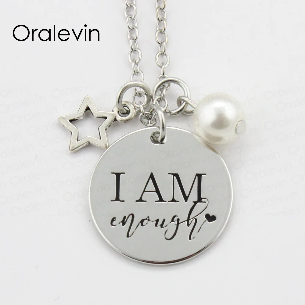 

I AM ENOUGH Inspirational Hand Stamped Engraved Glamour Creative Pendant Necklace for Women Gift Jewelry,10Pcs/Lot, #LN2266