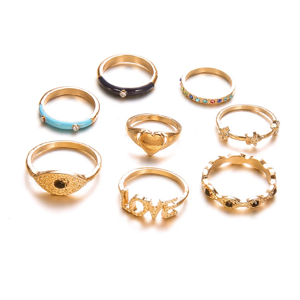 8 шт./компл. женское богемное Винтажное кольцо с сердечками и кристаллами модные