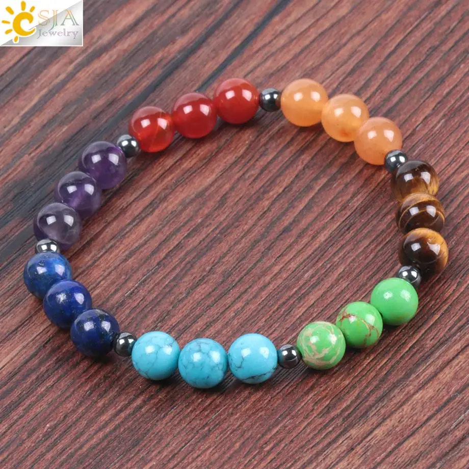 Браслет CSJA 2018 Радужный 7 Чакры натуральная Подвеска из драгоценного камня