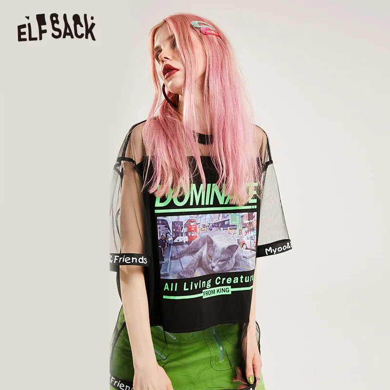 ELFSACK женские футболки с круглым вырезом и буквенным принтом летние модные женские топы в сеточку в стиле пэчворк уличная одежда черная футболка