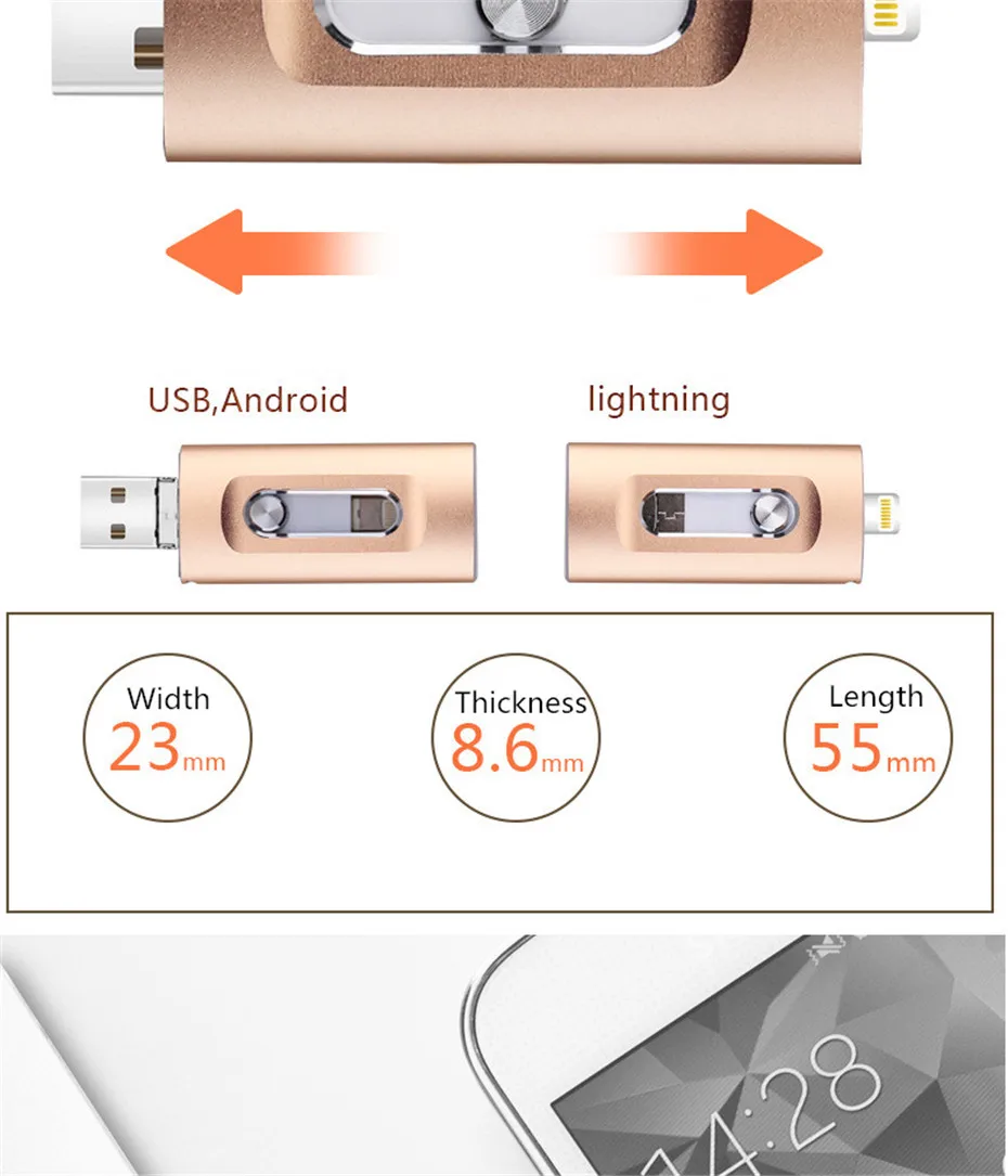 Eaget 3 в 1 OTG USB флэш-накопитель 32 GB/64 GB/128 ГБ флэш-накопитель металлический флэш-накопитель 256 ГБ для iPhone X/8/7/6 Plus USB флэш-накопитель
