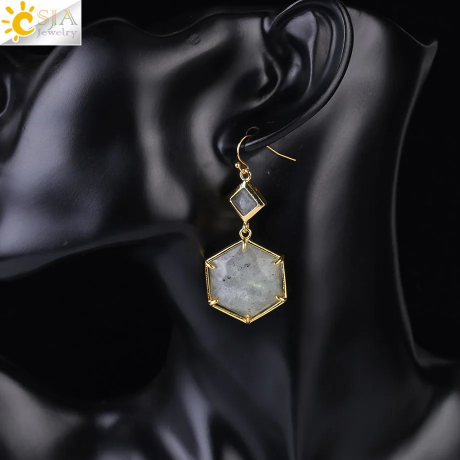 Labradorite CSJA Женские Висячие серьги с зубцами, геометрические драгоценные камни, ювелирные изделия, двухсторонний граненый Шестигранник, натуральный камень, лабрадорит, серьги F409 - Окраска металла: Labradorite
