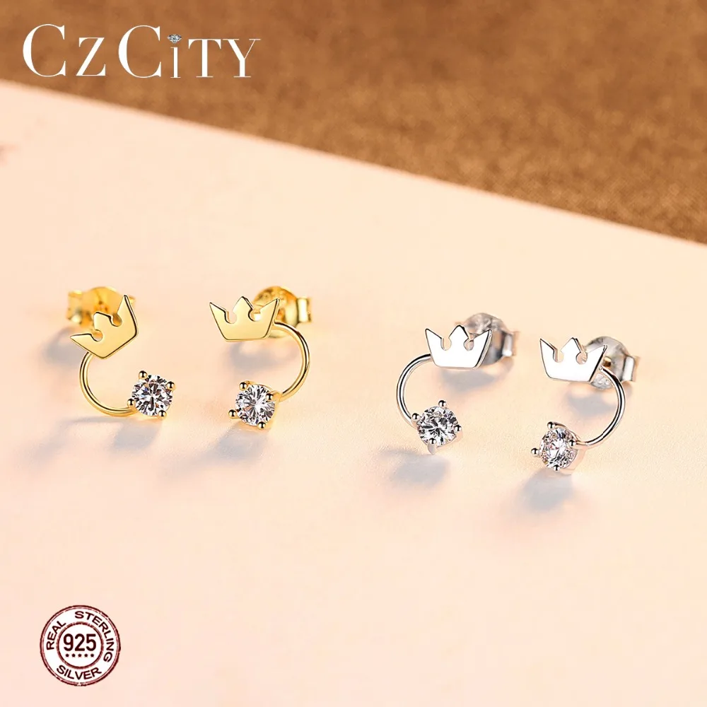 CZCITY, изысканная 925 пробы, Серебряная корона, циркониевые серьги-гвоздики для женщин, маленькие милые серьги для свидания, аксессуары, хорошее ювелирное изделие