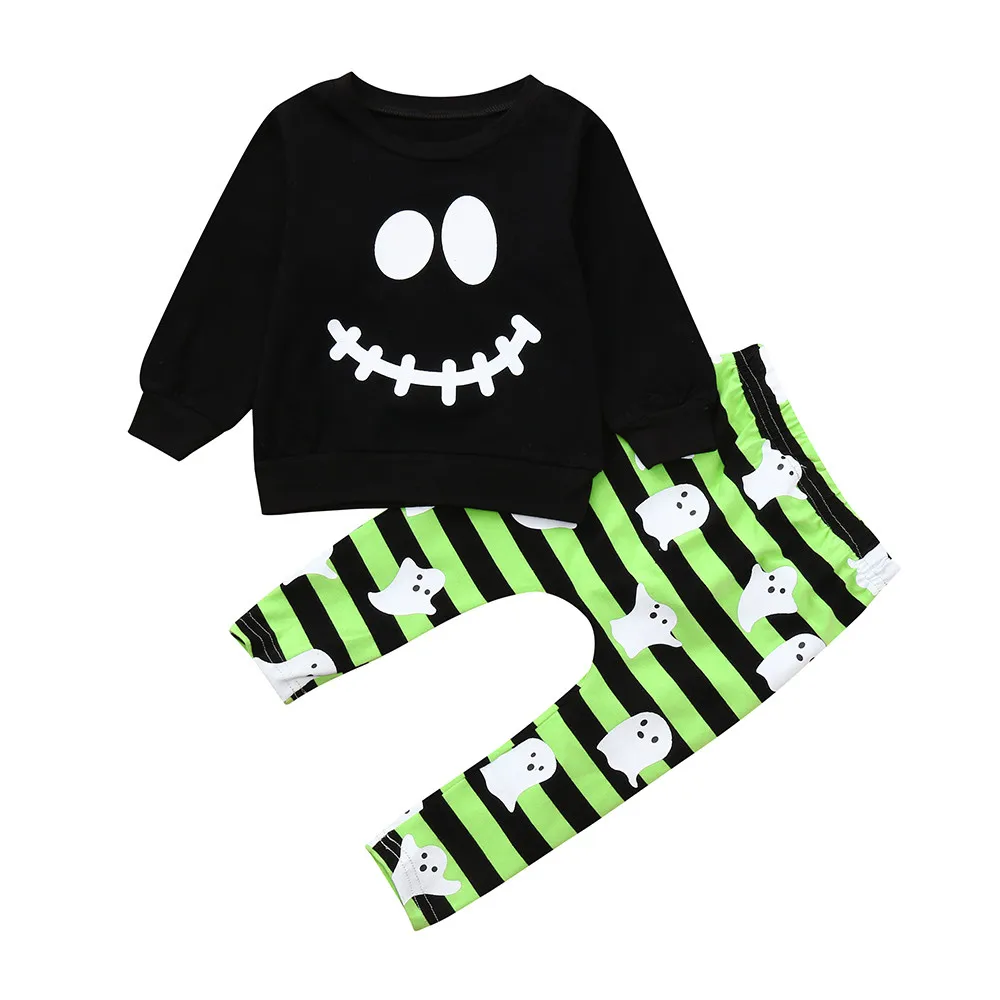 Children's suit black fashion shirt + pants toddler baby boy girl cartoon ghost top pullover Halloween costume set | Детская одежда