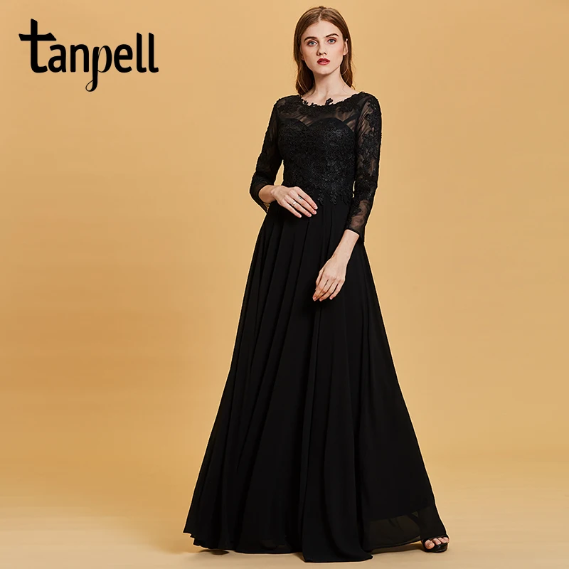 Женское вечернее платье с длинным рукавом Tanpell Черное длиной до пола аппликацией