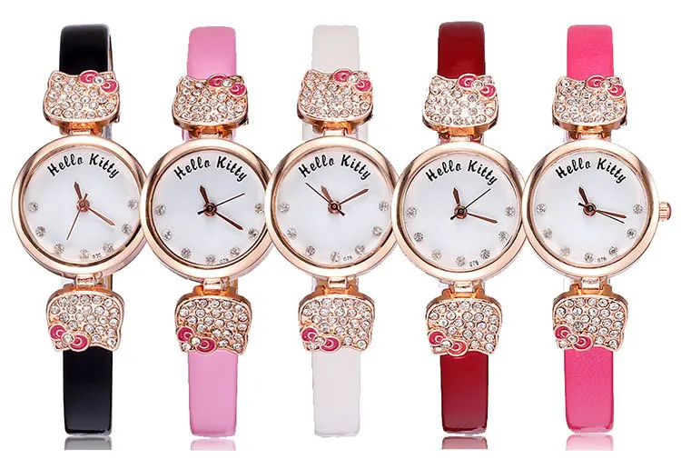 Cute hello kitty leather strap woman watches 2015 quartz fashion analog rose gold plated charm rhinestone watch ladies 5 colors | Наручные