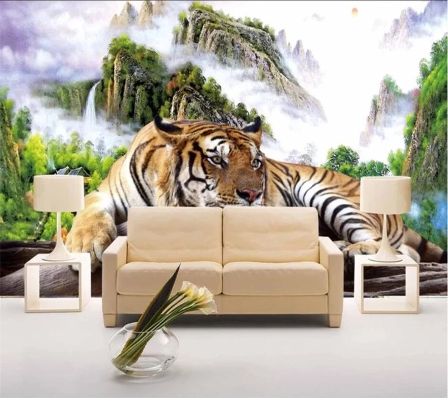 beibehang Custom wallpaper 3d mural tiger down the mountain king domineering TV sofa living room background | Обустройство дома