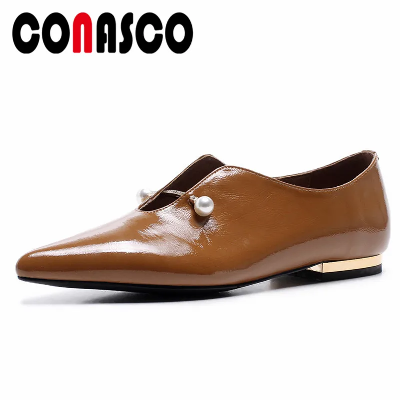

CONASCO Brand Flats Shoes Women Patent Leather New Arrival 2021 Flats Shoes Pointed Toe Party Prom Casual Office Shoes Woman