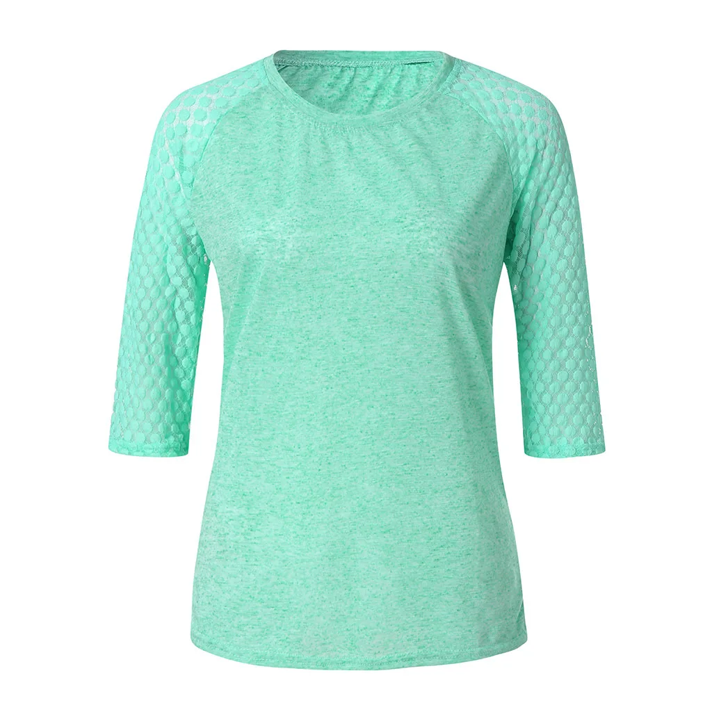 Women T Shirts Casual Lace Stitching Round Neck Cropped Sleeves Slim Clothing Tops T-Shirts Plus Size S-5XL | Женская одежда