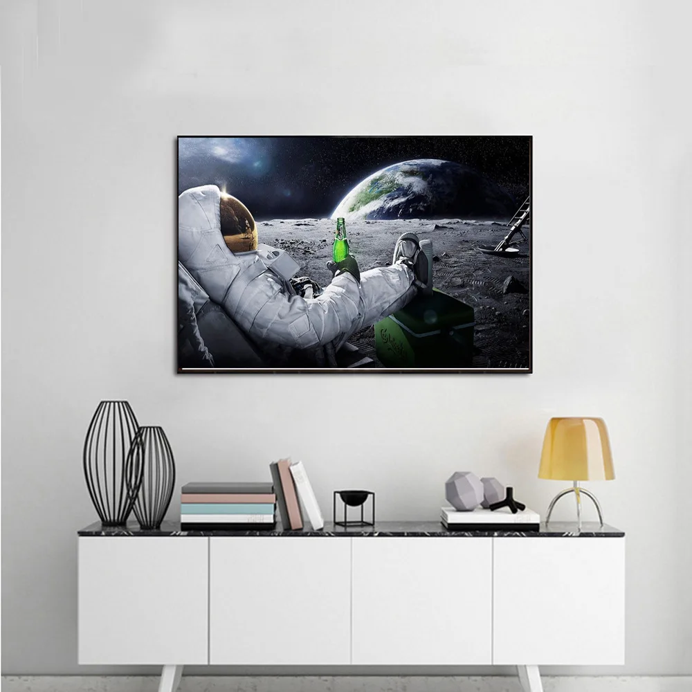Настенные художественные HD печатные картины на холсте пиво космическое пространство, земля космонавты Расслабляющая Луна Куадрос плакат Настенные картины для дома комнаты