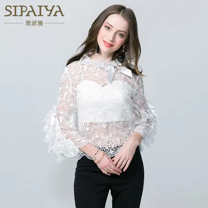 

New summer autumn water soluble embroidery lace sleeve bow blouse sexy all-match jacket