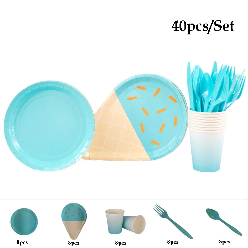 40pcs blue 40 шт./компл. в форме мороженого бумажные тарелки для вечеринок одноразовая посуда салфетка для чашек детский душ День рождения Свадебные принадлежности - Цвет: 40pcs blue