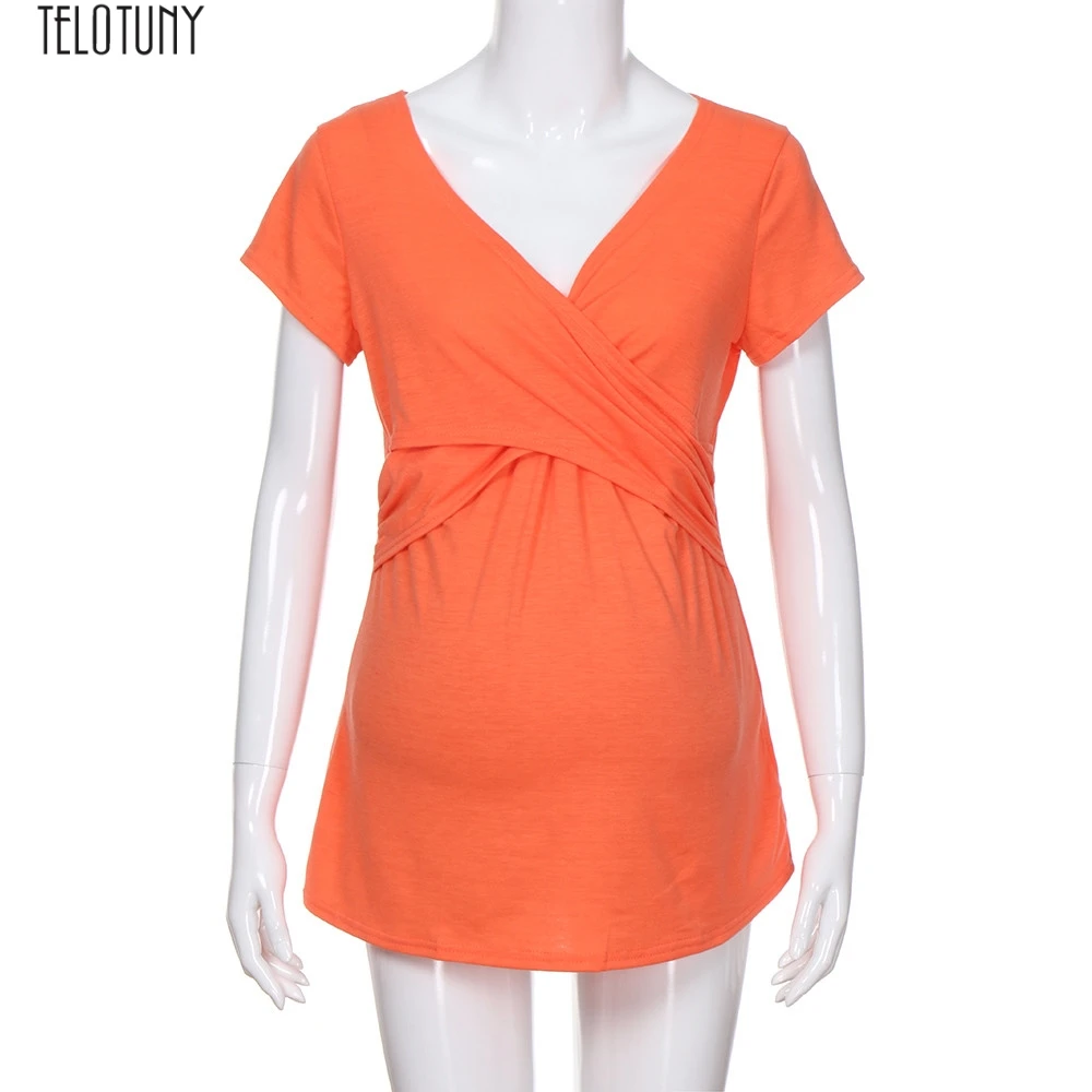 OR TELOTUNY Women Maternity Solid sexy v-neck short sleeve tops Pregnant Nursing soft Multifunctionl Blouse T-Shirt x0510 - Цвет: OR