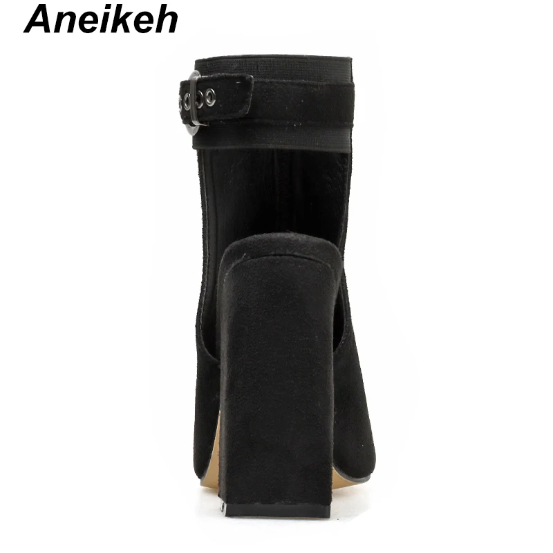 Aneikeh/; классические женские ботинки из флока; летние туфли с открытым носком на высоком квадратном каблуке; женские ботильоны с пряжкой и ремешком; размер 42