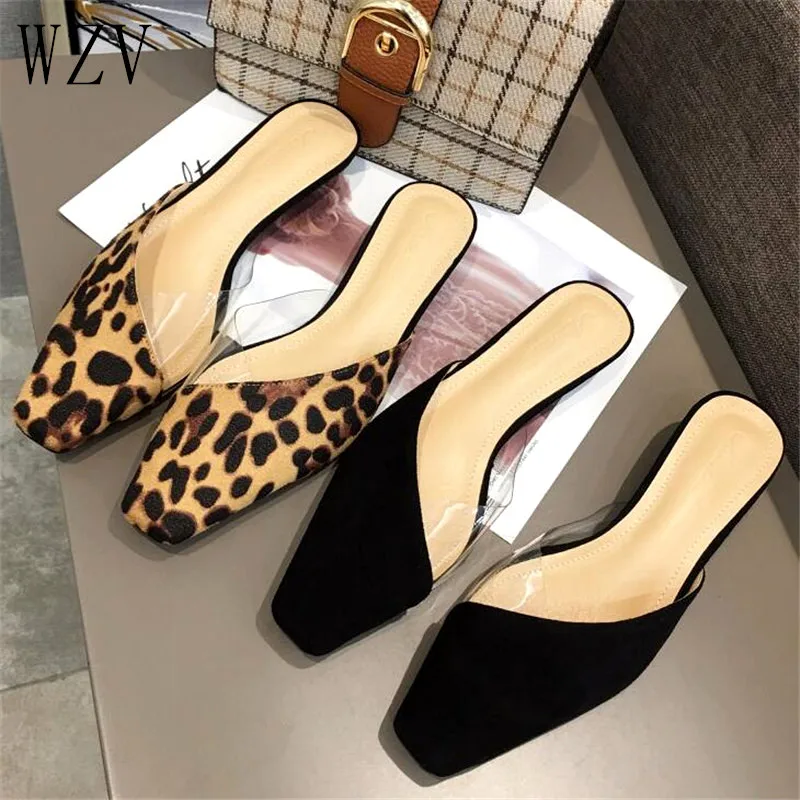 Высокие шлепанцы женские леопардовые туфли без задника на каблуке маленьком