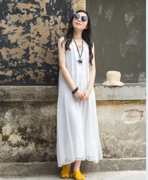 Elegant Temperament Women Long Dress 2022 New Summer Silk Exquisite Embroidered Simple Round Collar chiffon Loose Vest Dresses | Женская