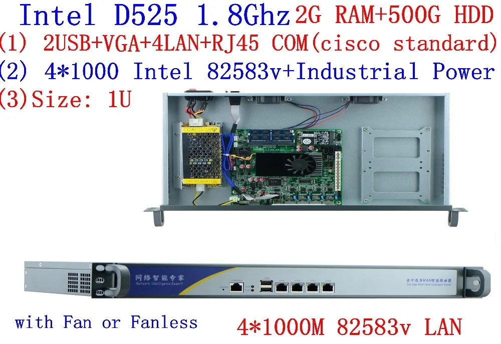 linux servers firewall PC with 4*82583v Gigabyte LAN Intel D525 1.8G support ROS Mikrotik PFSense Panabit Wayos 2G RAM 500G HDD