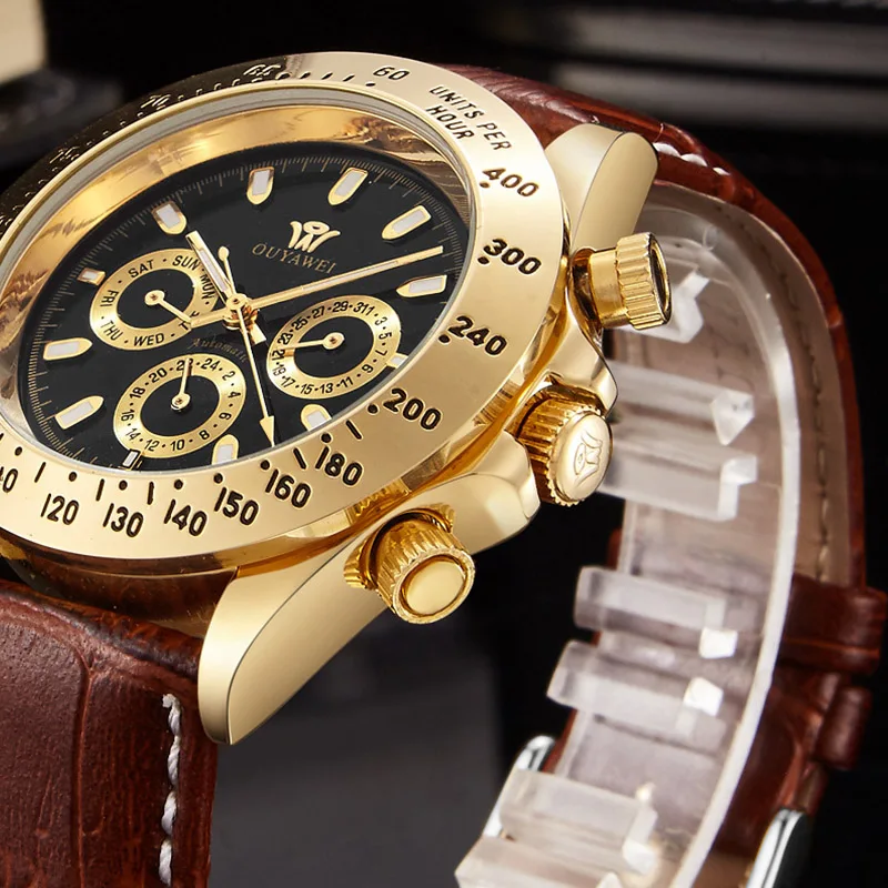 OUYAWEI автоматические мужские часы Montre Homme с кожаным ремешком водонепроницаемые