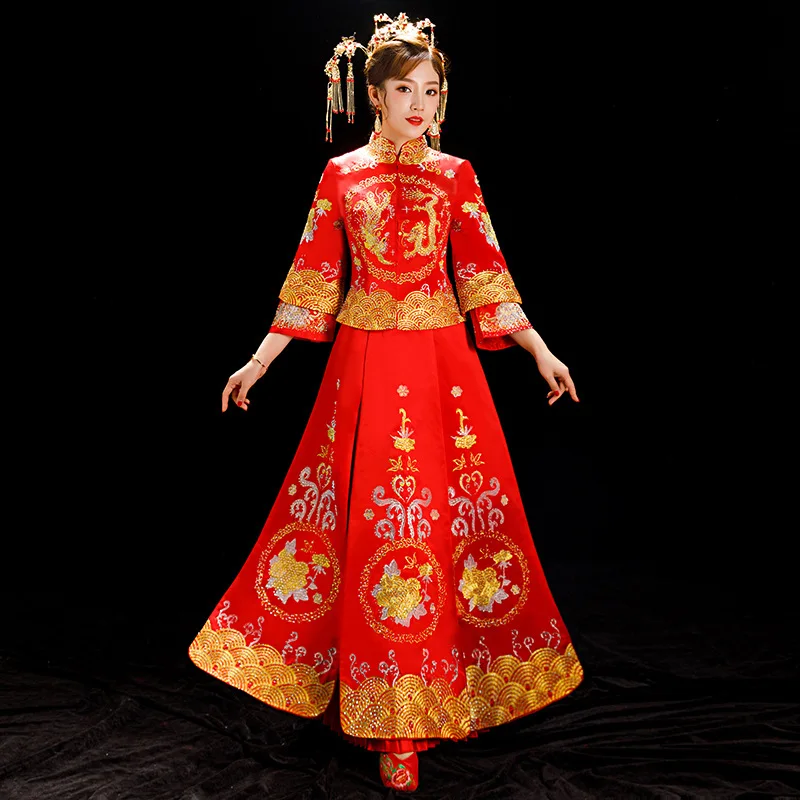 Винтажное красное свадебное платье Cheongsam с вышивкой в традиционном китайском