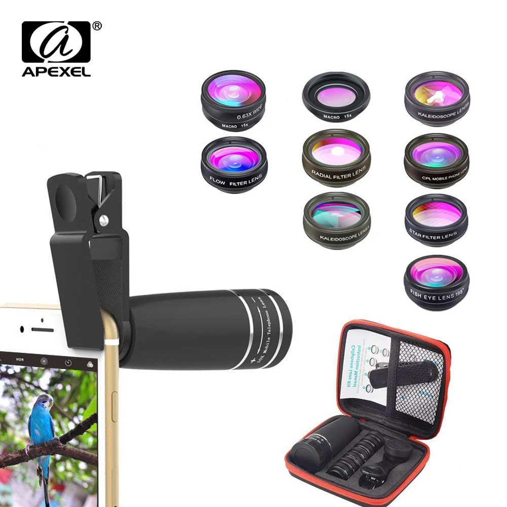 

APEXEL 10PCS/LOT 10 in 1 Mobile phone Lens Telephoto Fisheye lens Wide Angle Macro Lens+CPL Star Filter for all smartphones