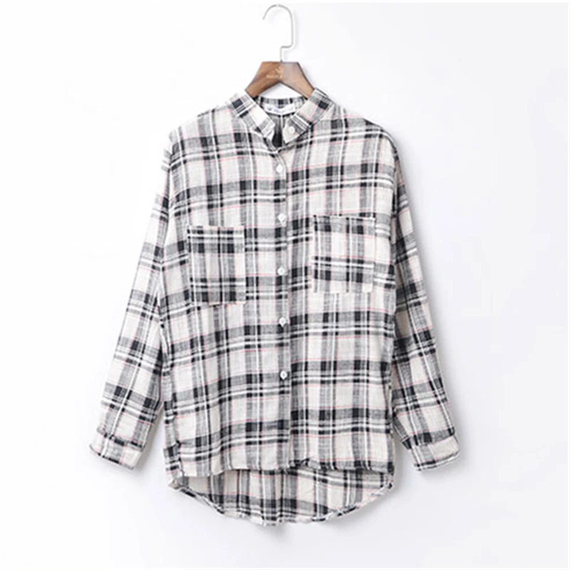 Осенью новый два карманы хлопчатобумажное бельё рубашки Для женщин О-образным