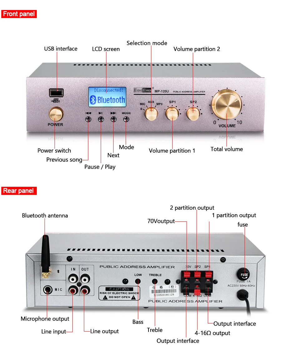 Oupushi 120 Вт 2 раздела управления Поддержка для воспроизведения USB MIC вход FM Bluetooth маленький усилитель