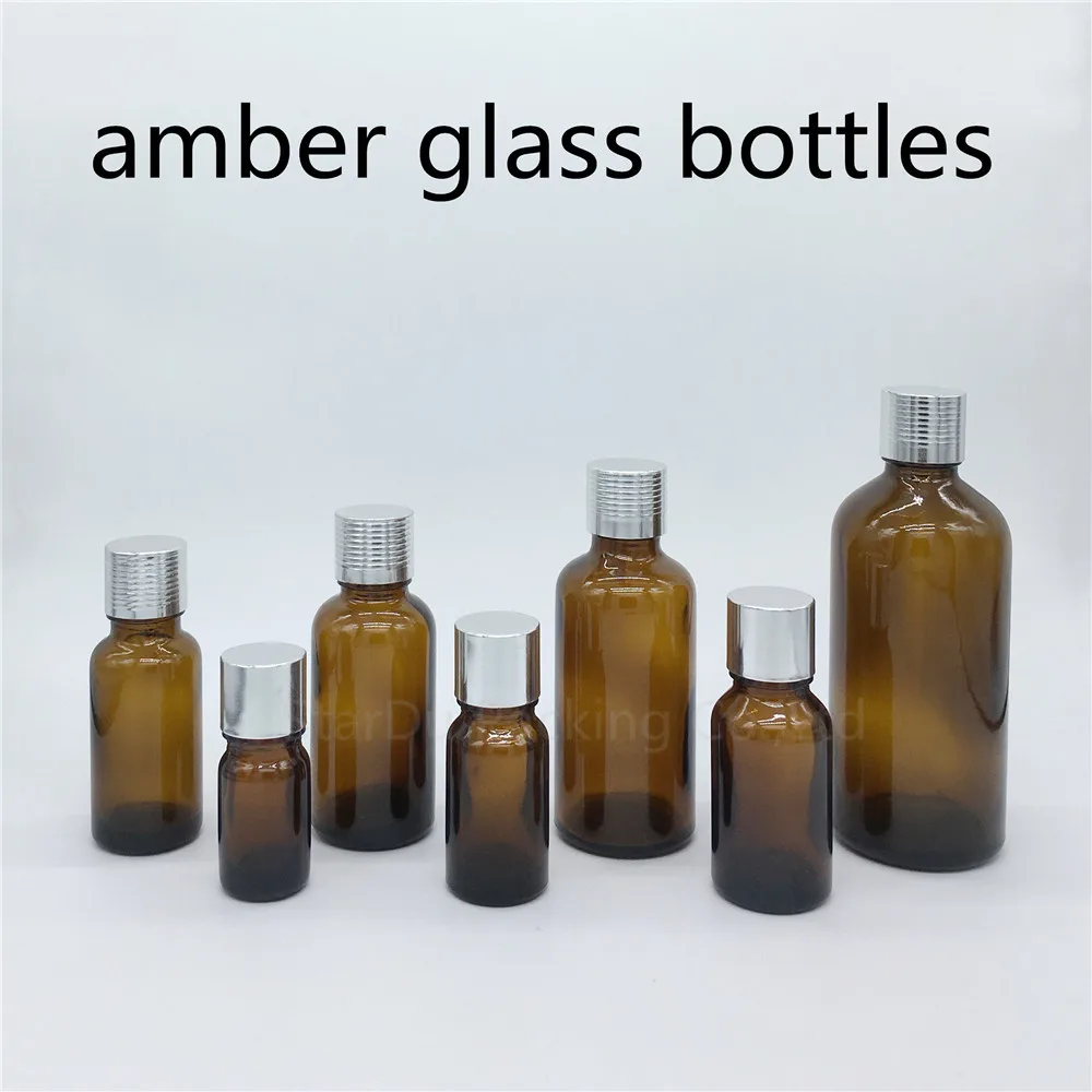 

5ml 10ml 15ml 20ml 30ML 50ml 100ml amber Glass Bottle Vials Essential Oil Bottle with silvery screw cap Perfume bottle
