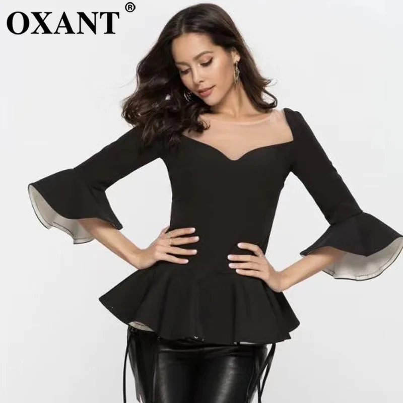 OXANT Women's Shirt Haute Couture Slim Black Flared Sleeve Flounce Blouse for Women Tops Plus Size | Женская одежда