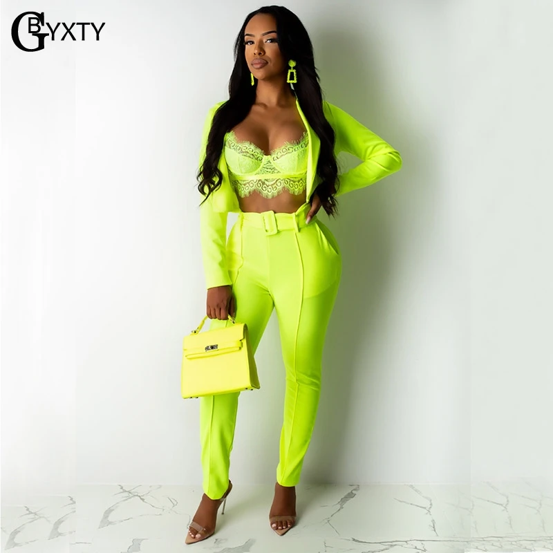 GBYXTY Neon Two Piece Pants Set Ladies Office Suit 2019 Autumn Women Long Sleeve Crop Blazer and 2 Outfit ZL370 | Женская одежда