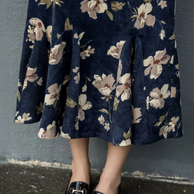 EXOTAO Floral Printed Long Saia Female High Waist Elegant Midi Ladies Skirts Ruffle Hem A-Line Warm Faldas Mujer Fashion Winter | Женская