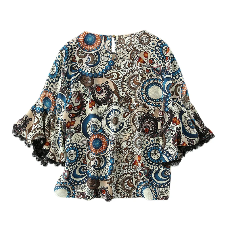 Женская павлин печати шелковая рубашка 2017 лето леди уникальный flare рукава
