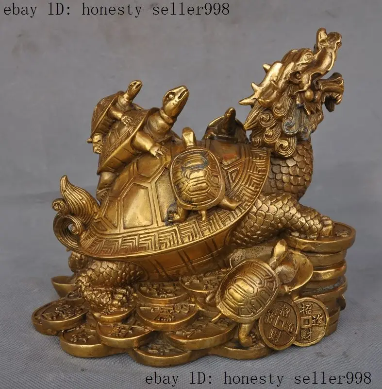 

8"Chinese fengshui brass wealth Money Longevity dragon turtle Tortoise statue